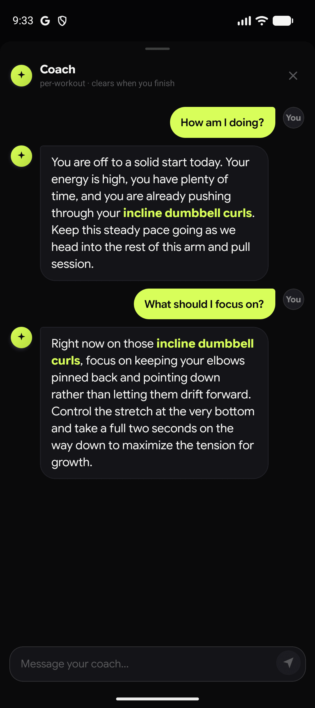 Spot's in-workout coach chat answering questions mid-session