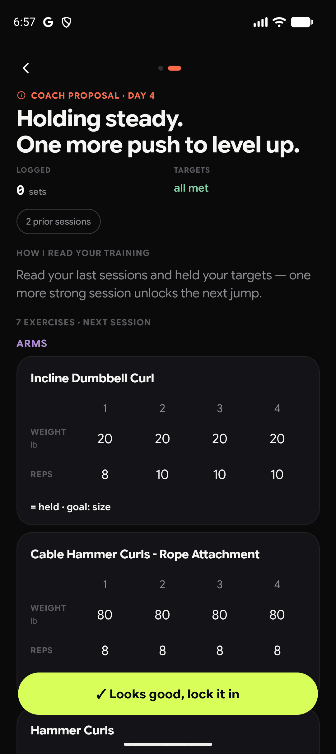 Spot's coach proposal: per-exercise targets for the next session