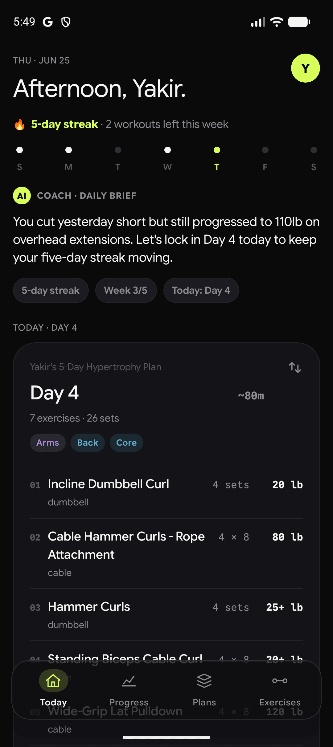 Spot home screen with the daily coach brief