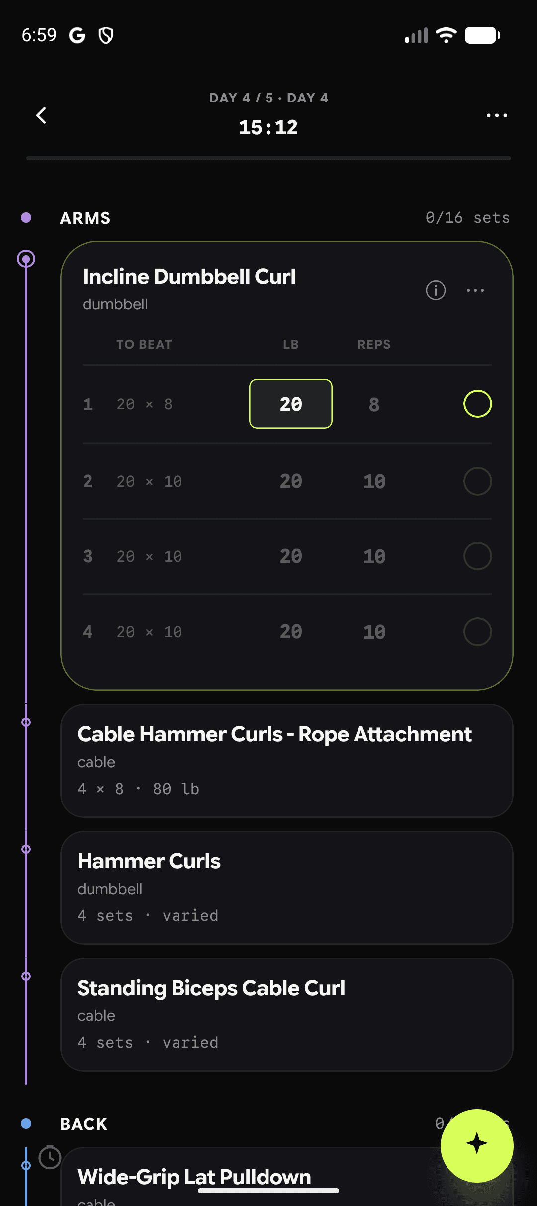 Spot's live workout screen with a target to beat on every set